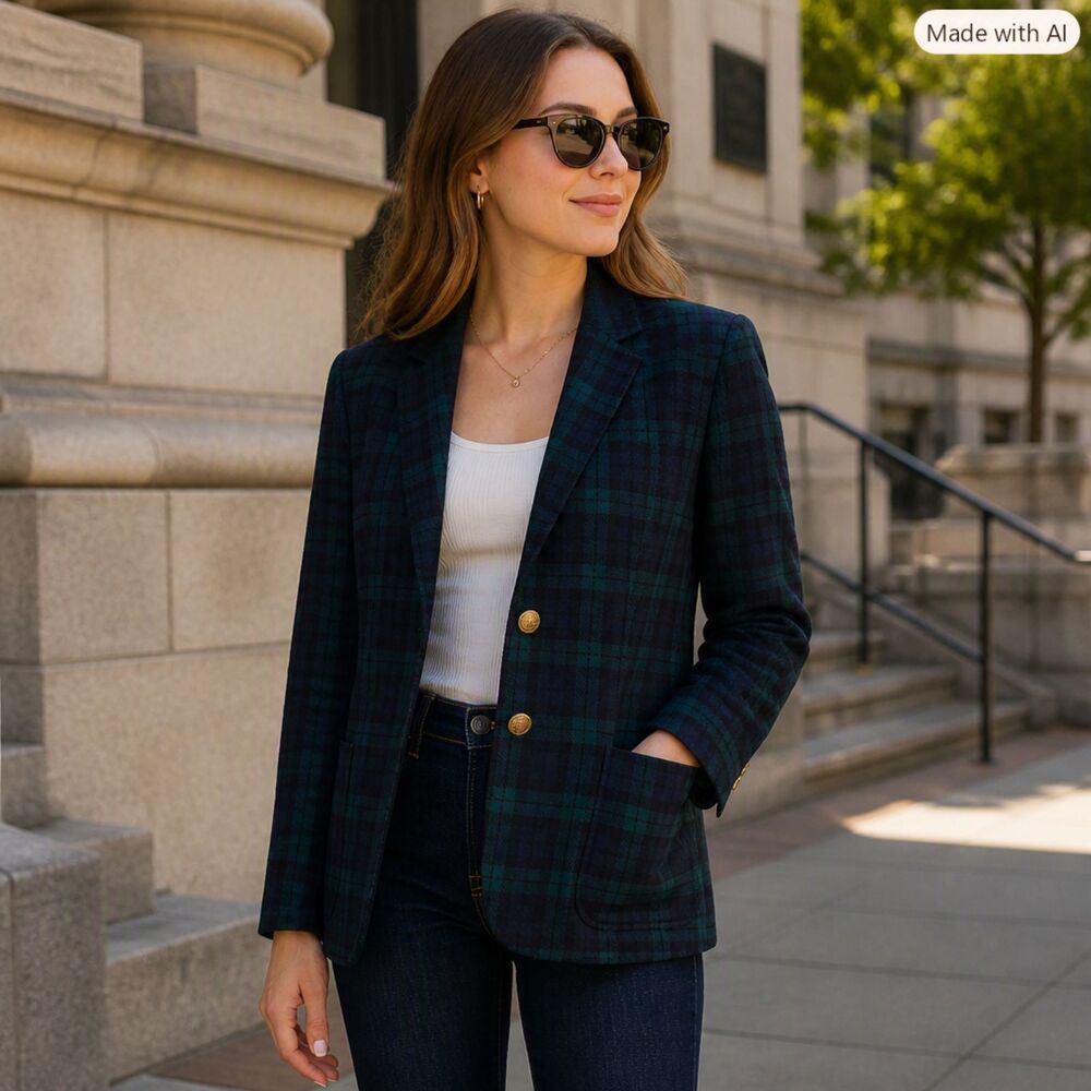 Vintage Boston Traveler Wool Blend Plaid Blazer Women’s Size 10 Made USA